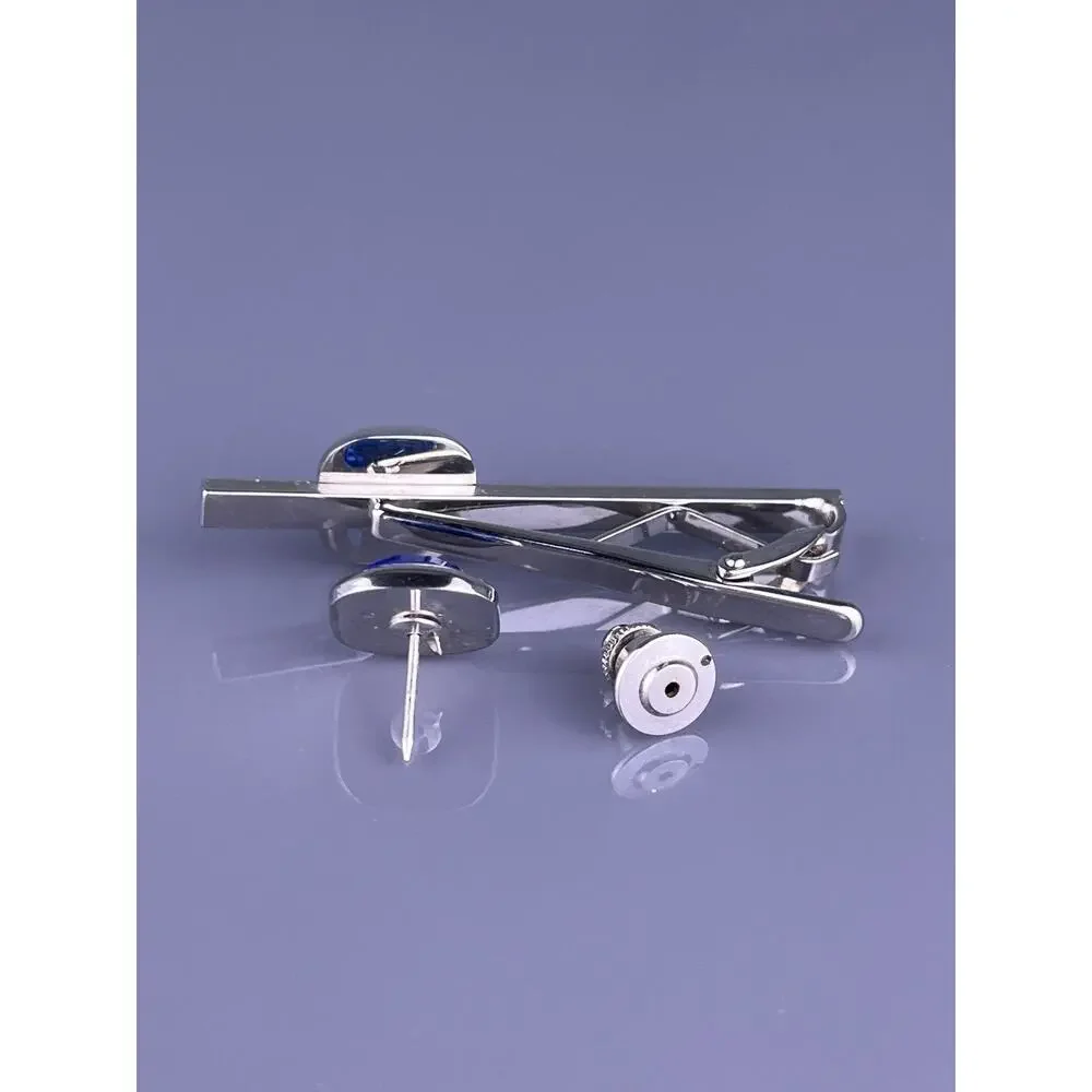 Square Blue Cut Rhinestone Cufflinks Tie Clip Pin Silver Tone Formal Vintage